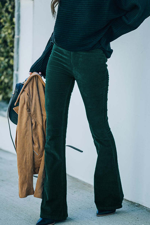 Women's High-Waist Corduroy Flare Pants with Elastic Waist