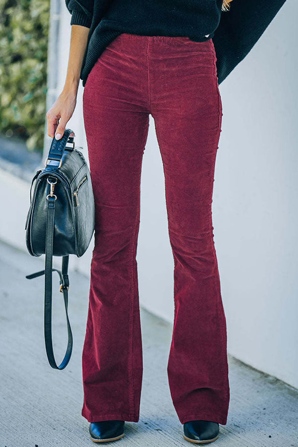 Women's High-Waist Corduroy Flare Pants with Elastic Waist