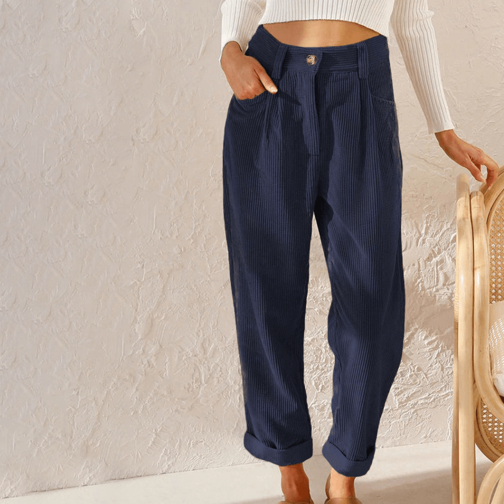 Women's High-Waisted Corduroy Trousers with Rolled Hem