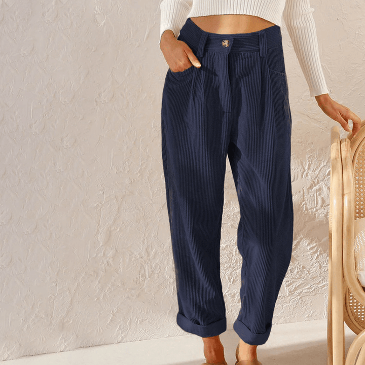 Women's High-Waisted Corduroy Trousers with Rolled Hem