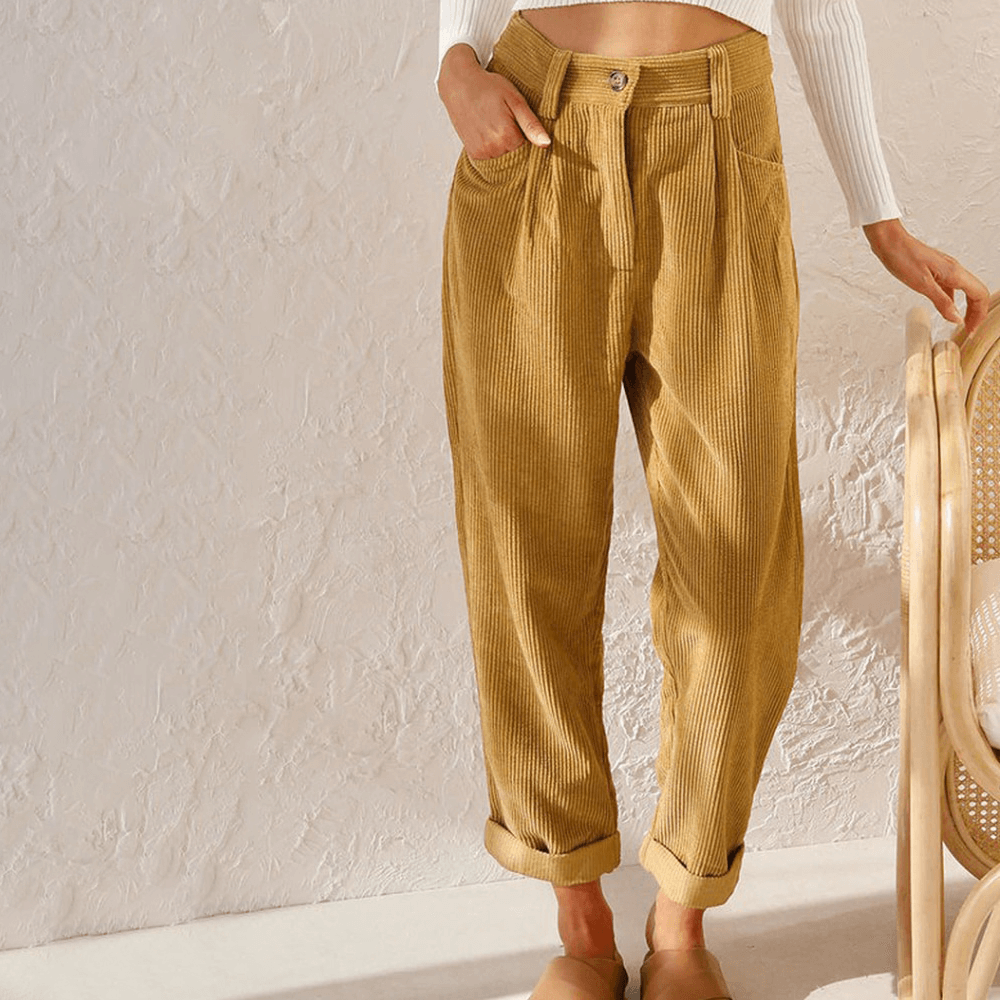 Women's High-Waisted Corduroy Trousers with Rolled Hem