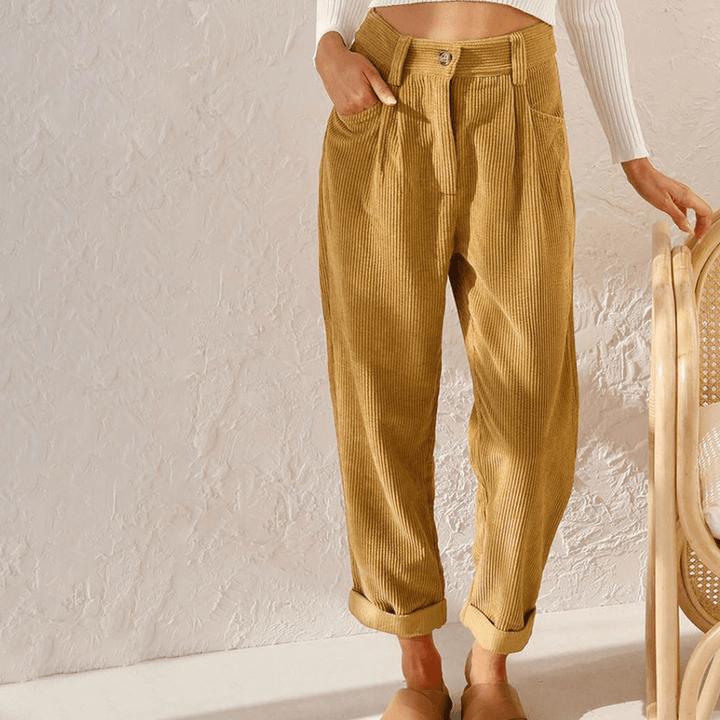 Women's High-Waisted Corduroy Trousers with Rolled Hem