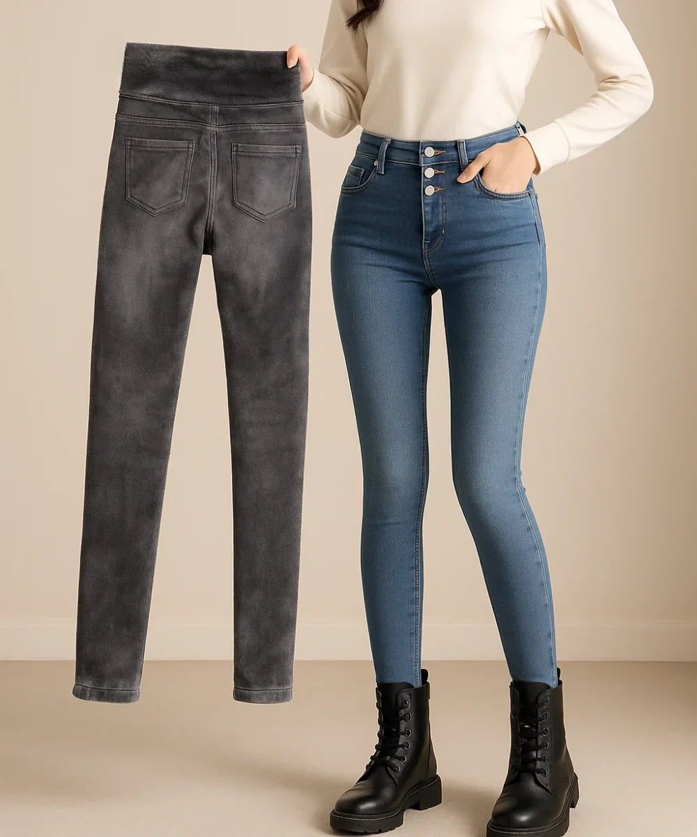 Women's High-Waisted Fleece-Lined Skinny Jeans with Button Front