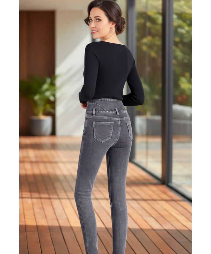 Women's High-Waisted Fleece-Lined Skinny Jeans with Button Front