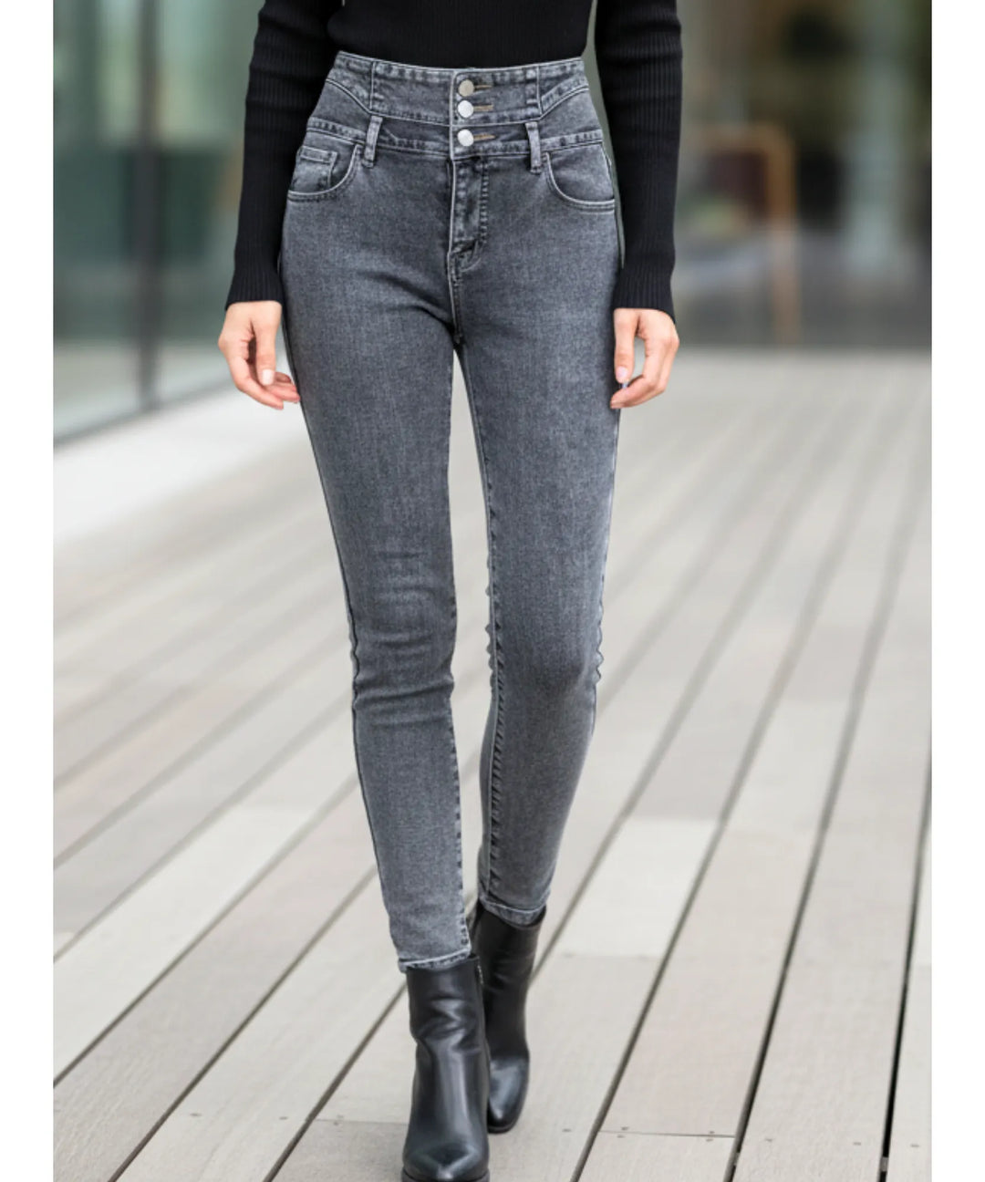 Women's High-Waisted Fleece-Lined Skinny Jeans with Button Front