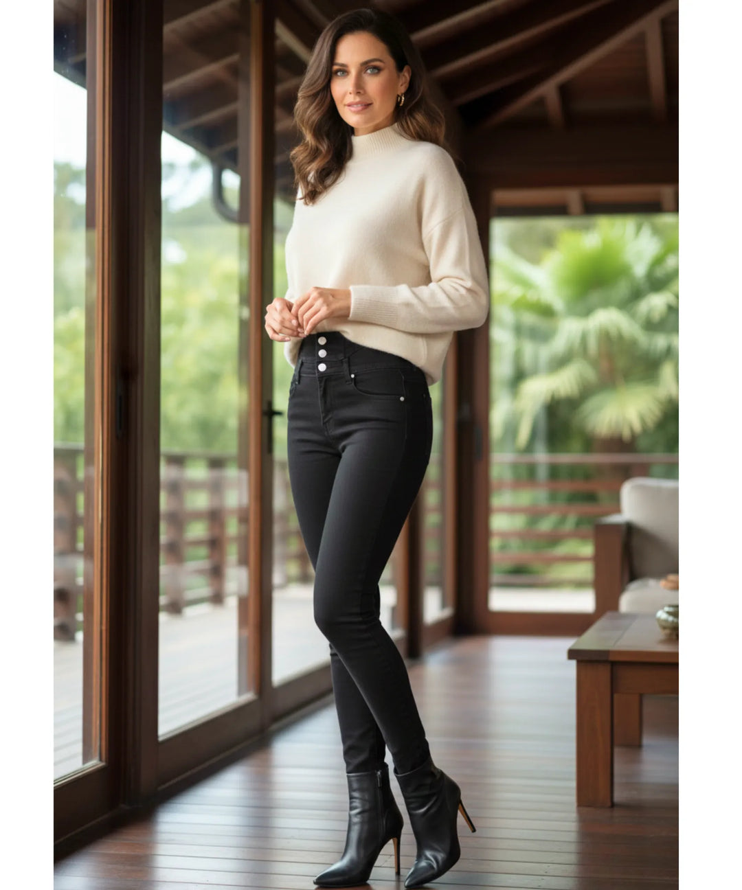 Women's High-Waisted Fleece-Lined Skinny Jeans with Button Front