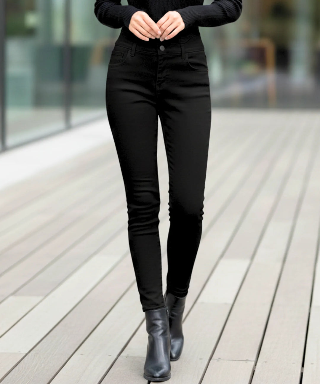 Women's High-Waisted Fleece-Lined Skinny Jeans with Button Front