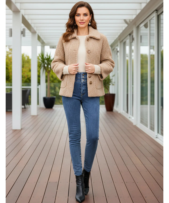 Women's High-Waisted Fleece-Lined Skinny Jeans with Button Front