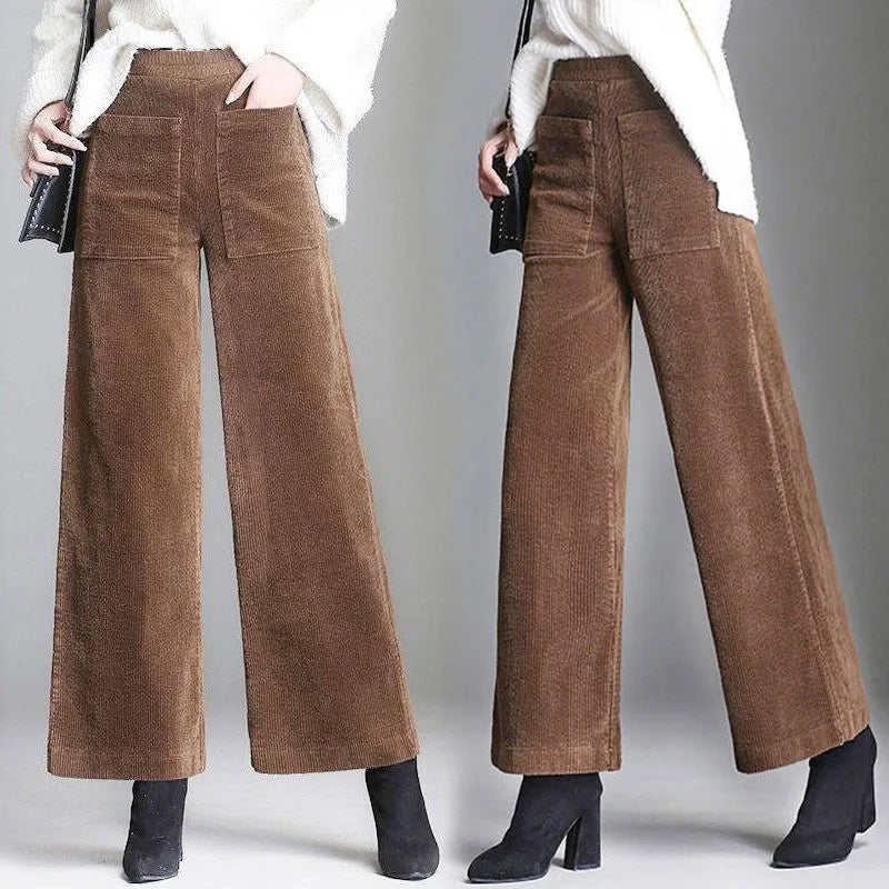 Women's High-Waisted Wide-Leg Corduroy Pants with Patch Pockets