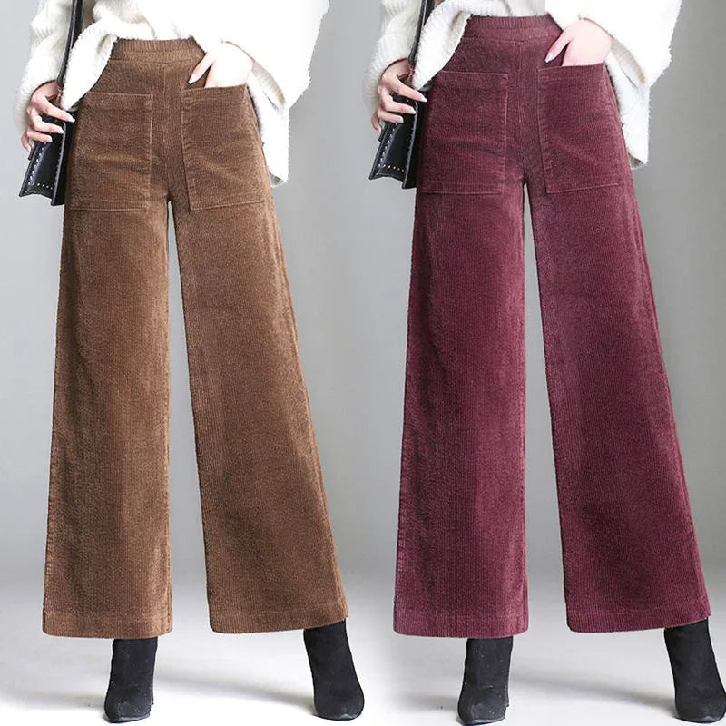 Women's High-Waisted Wide-Leg Corduroy Pants with Patch Pockets