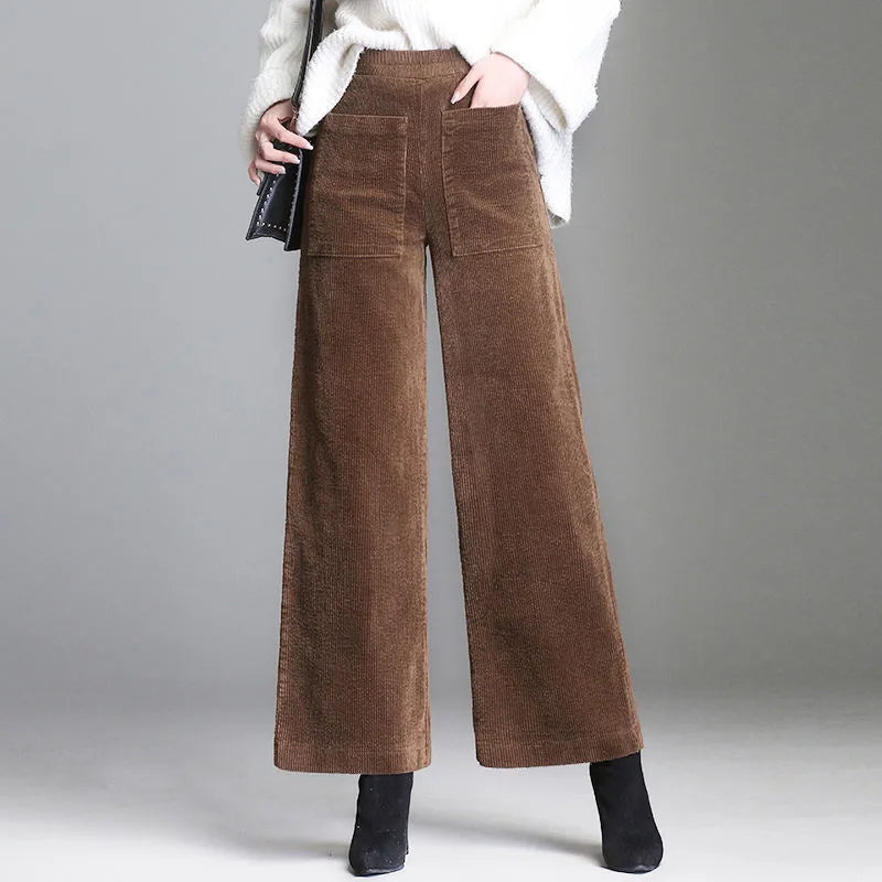 Women's High-Waisted Wide-Leg Corduroy Pants with Patch Pockets