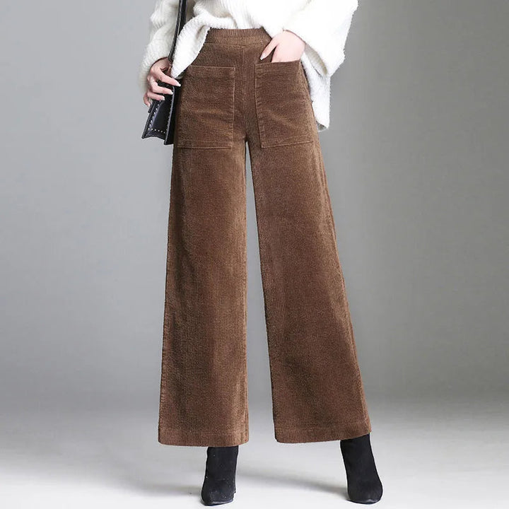 Women's High-Waisted Wide-Leg Corduroy Pants with Patch Pockets