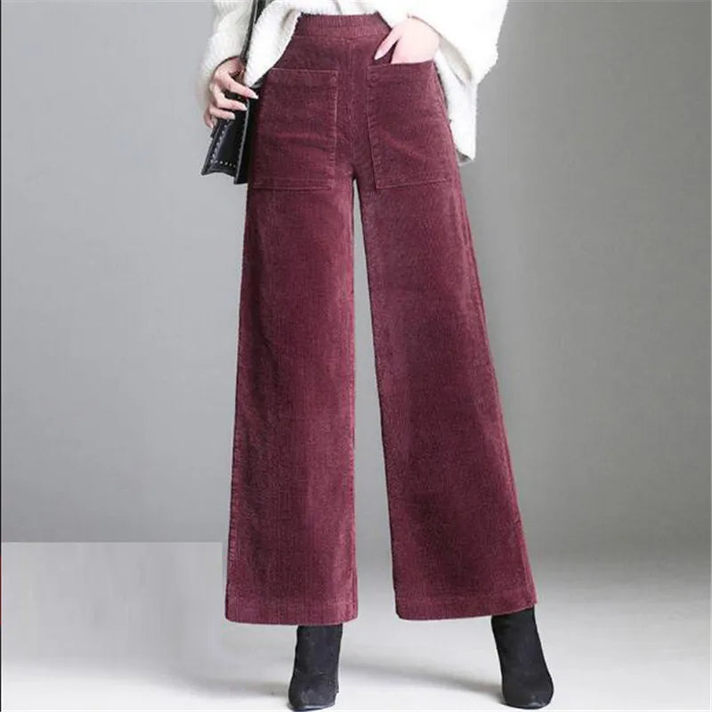 Women's High-Waisted Wide-Leg Corduroy Pants with Patch Pockets