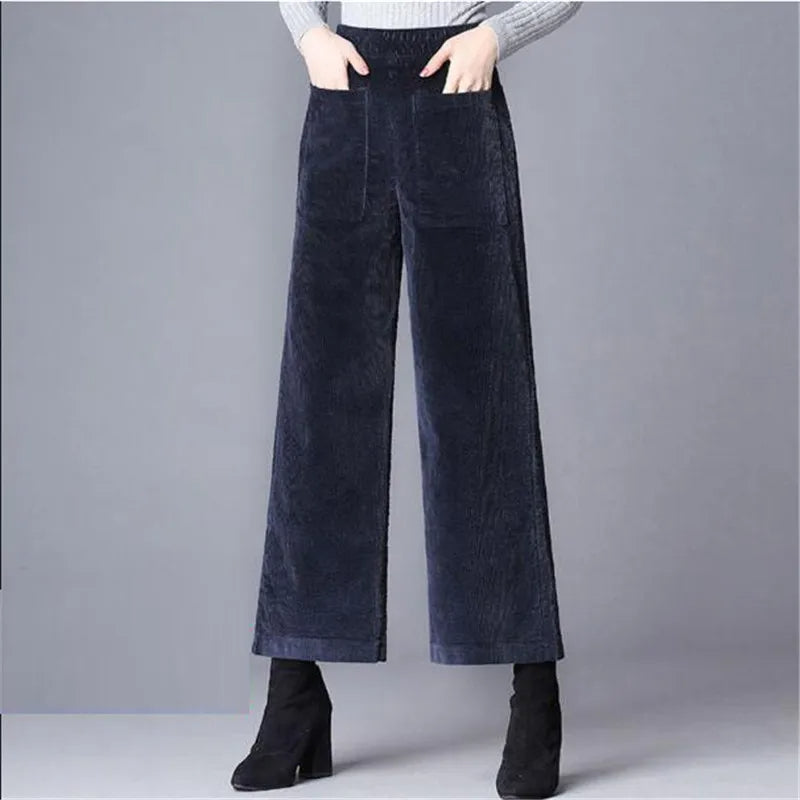 Women's High-Waisted Wide-Leg Corduroy Pants with Patch Pockets