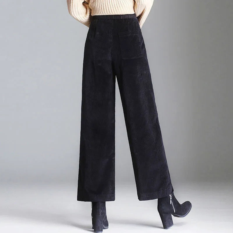 Women's High-Waisted Wide-Leg Corduroy Pants with Patch Pockets