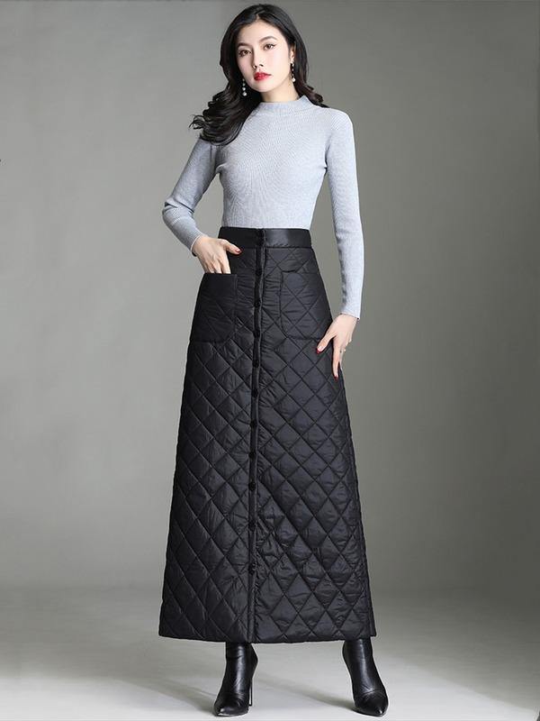 Women's Insulated Diamond-Stitch High-Waist A-Line Maxi Skirt