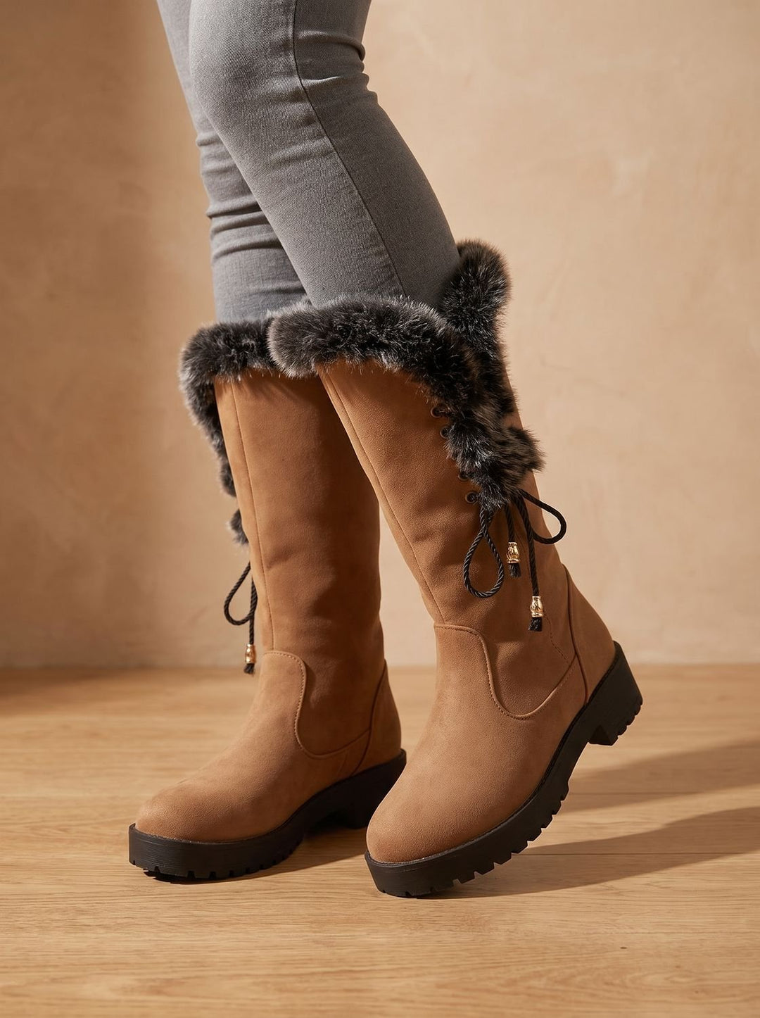 Women's Knee-High Snow Boots with Faux Fur Cuff