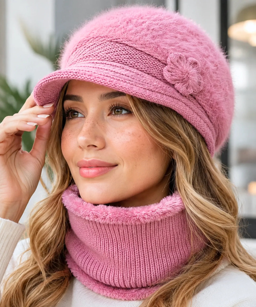 Women's Knit Cloche Hat and Scarf Set with Flower Detail