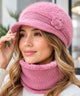 Women's Knit Cloche Hat and Scarf Set with Flower Detail