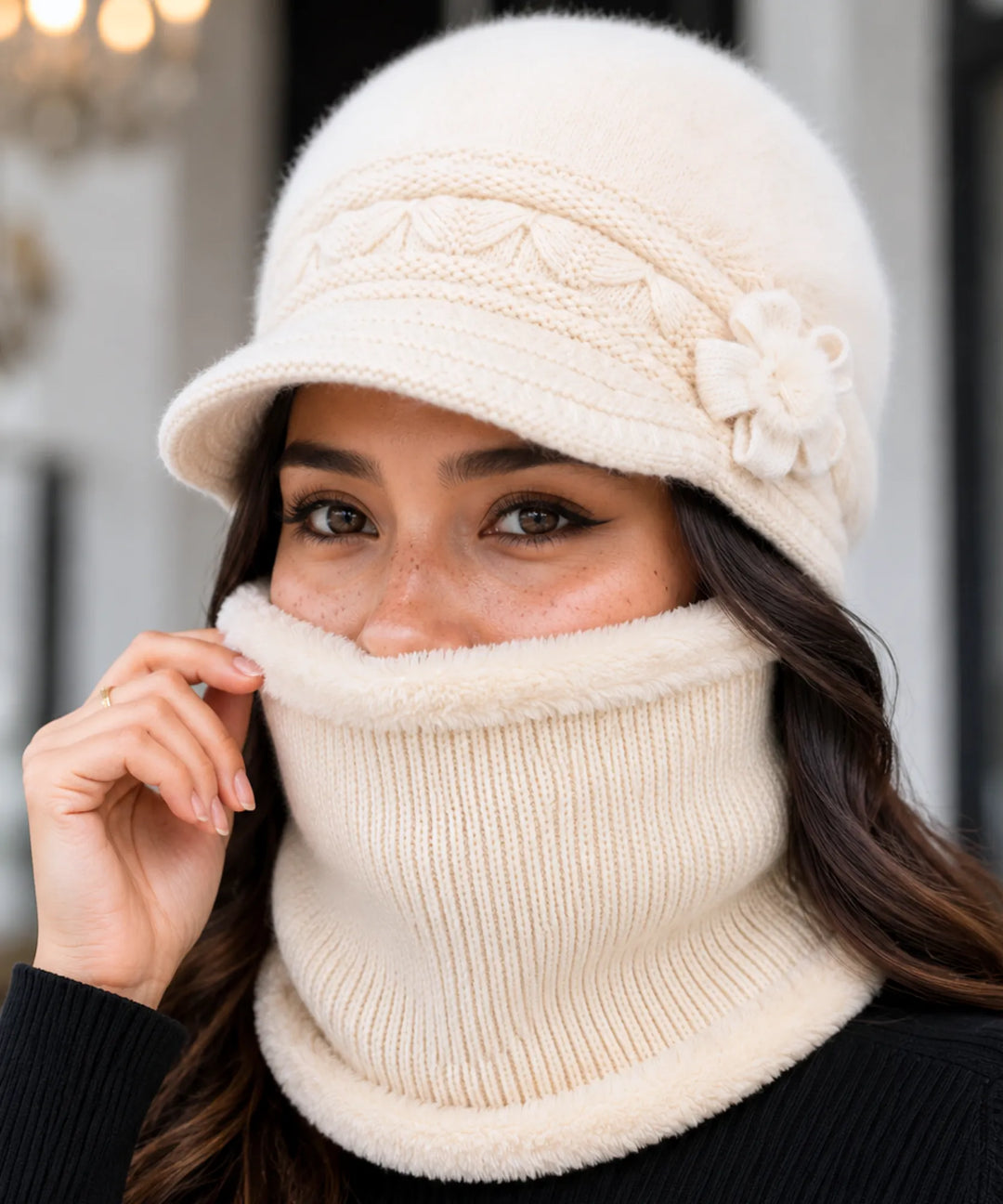 Women's Knit Cloche Hat and Scarf Set with Flower Detail
