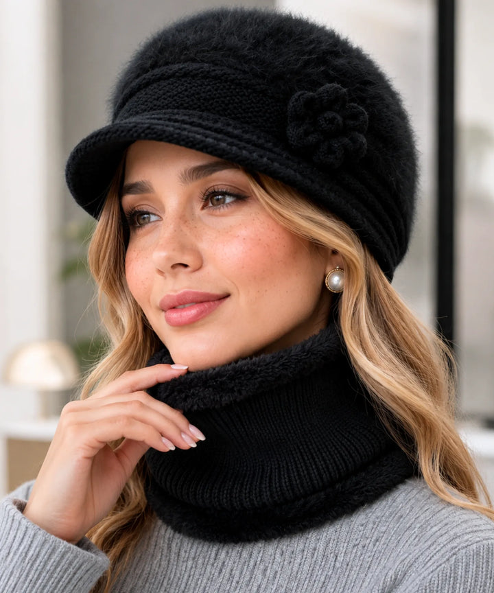 Women's Knit Cloche Hat and Scarf Set with Flower Detail