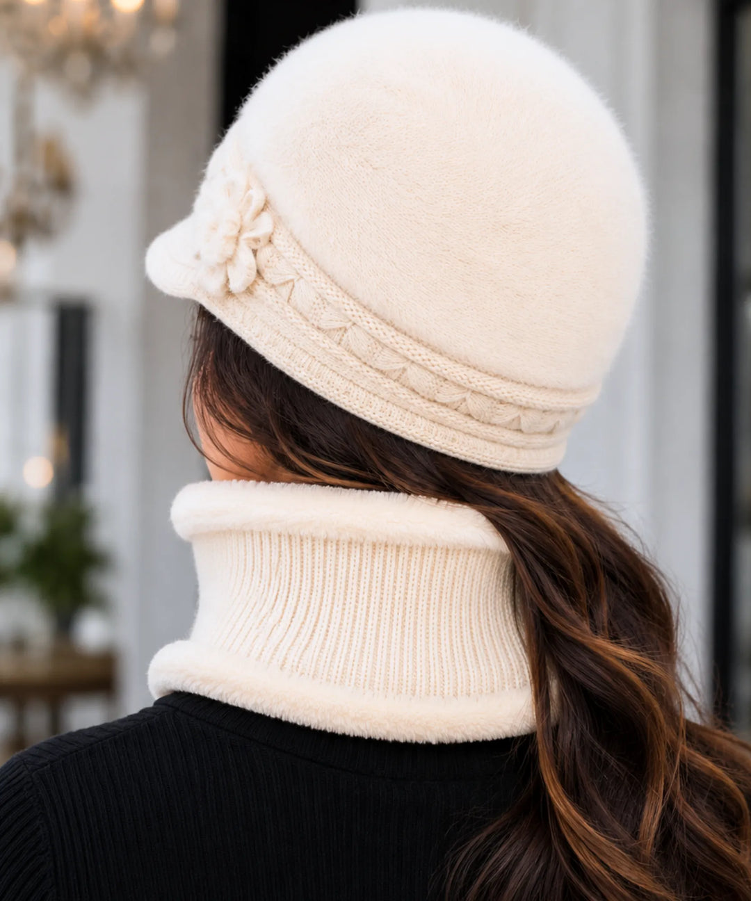 Women's Knit Cloche Hat and Scarf Set with Flower Detail