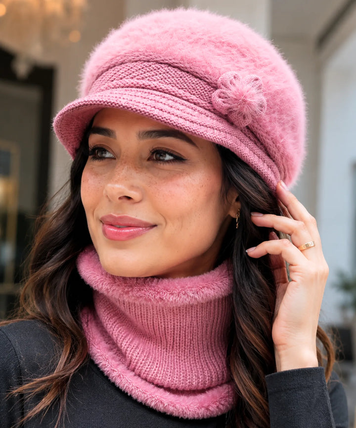 Women's Knit Cloche Hat and Scarf Set with Flower Detail
