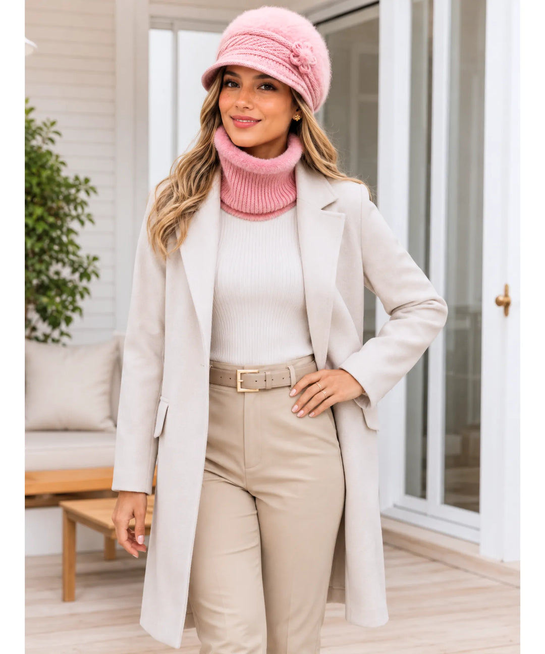 Women's Knit Cloche Hat and Scarf Set with Flower Detail