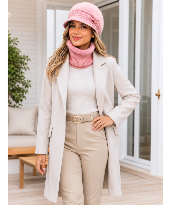 Women's Knit Cloche Hat and Scarf Set with Flower Detail
