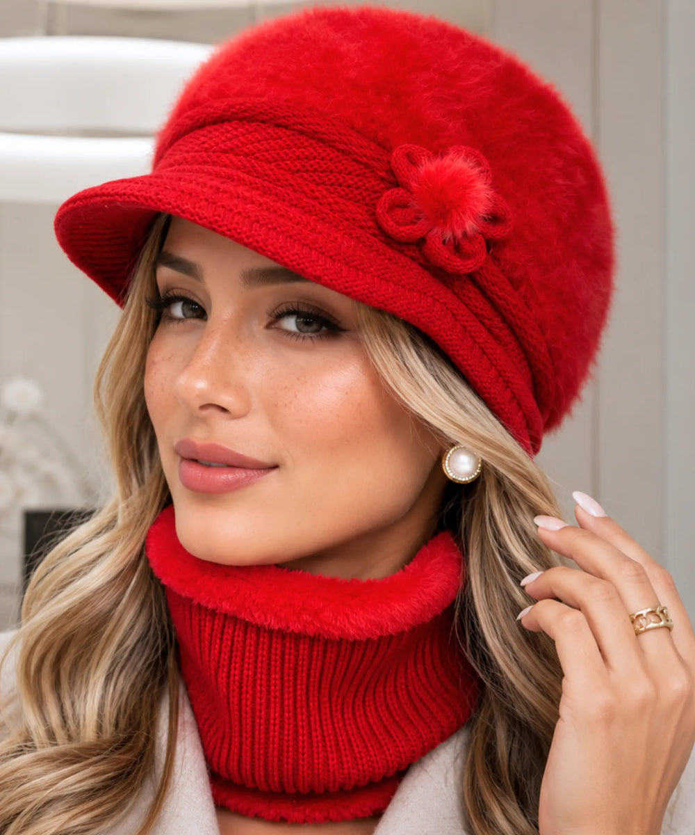 Women's Knit Cloche Hat and Scarf Set with Flower Detail