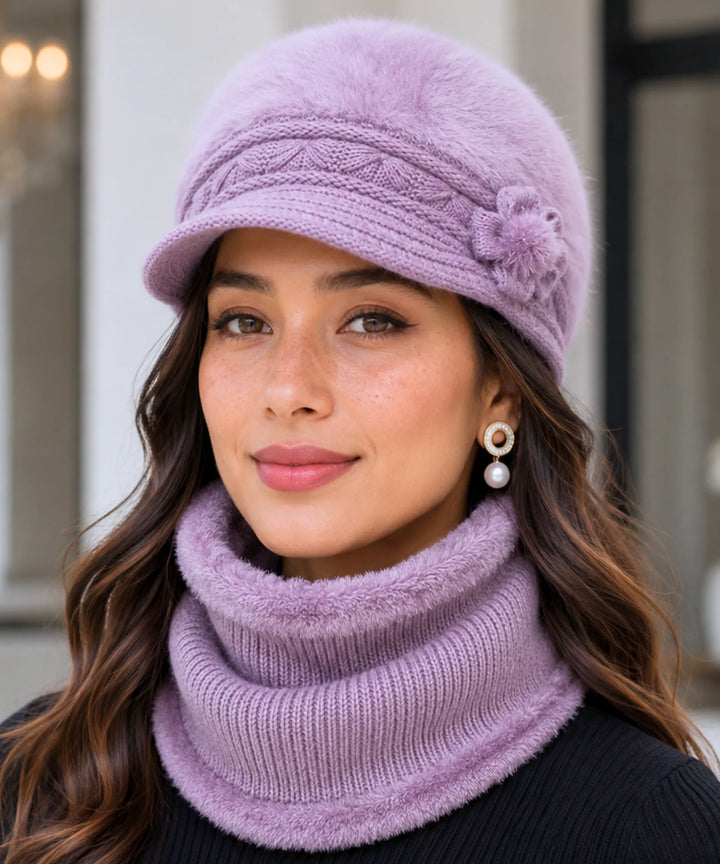 Women's Knit Cloche Hat and Scarf Set with Flower Detail