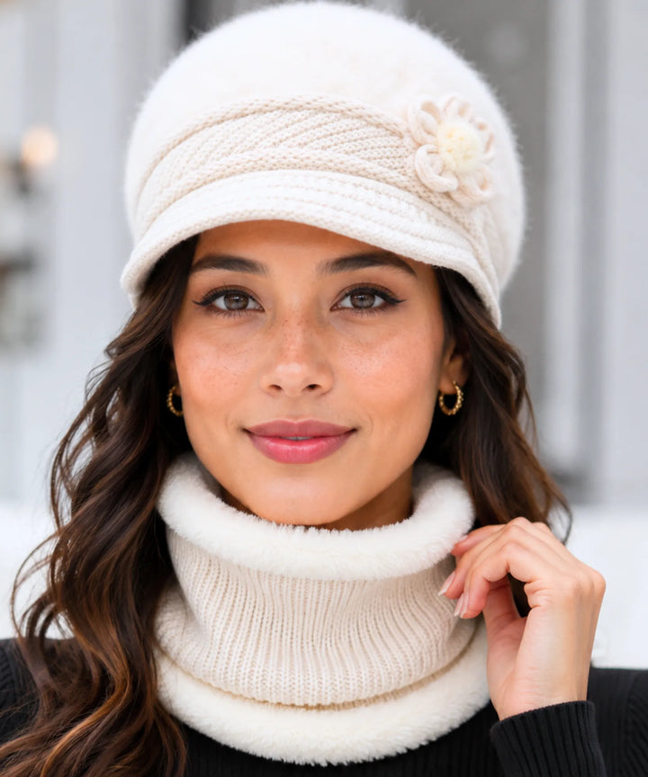 Women's Knit Cloche Hat and Scarf Set with Flower Detail