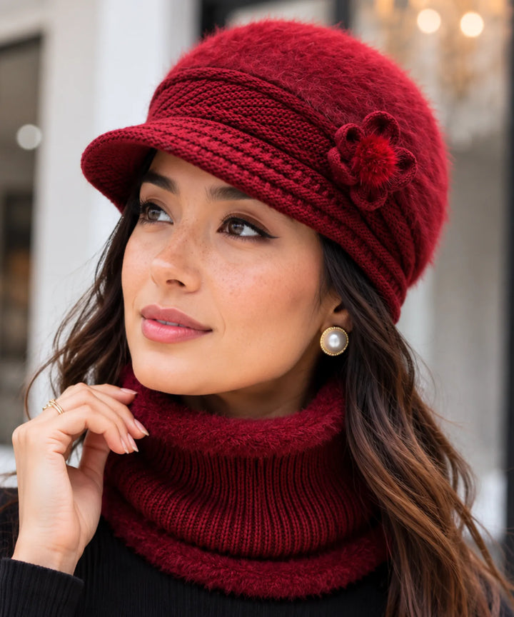 Women's Knit Cloche Hat and Scarf Set with Flower Detail