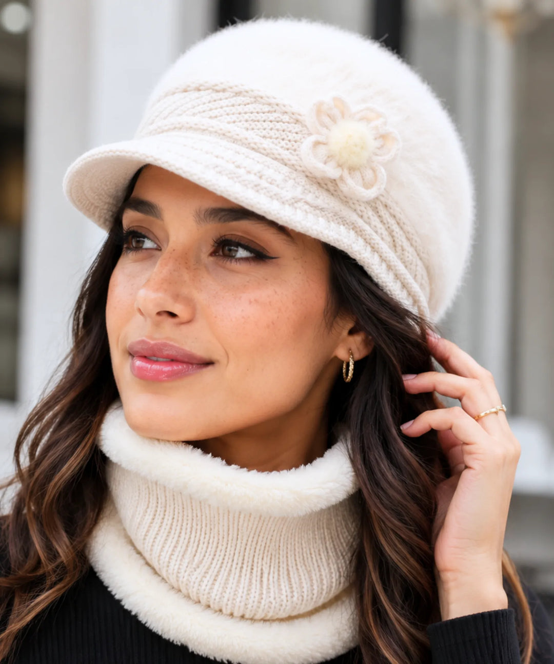 Women's Knit Cloche Hat and Scarf Set with Flower Detail