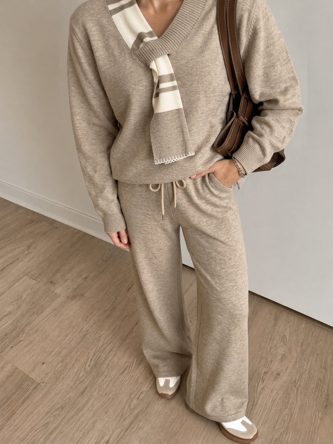 Women's Knit Sweater and Wide-Leg Pants Set with Scarf Detail