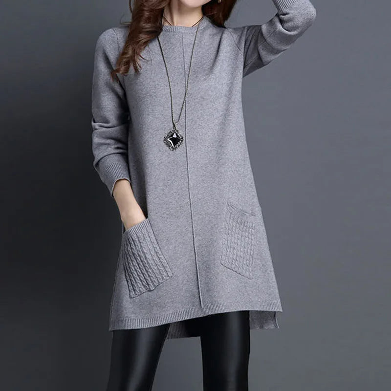 Women's Longline Knit Sweater Dress with Cable-Knit Pockets
