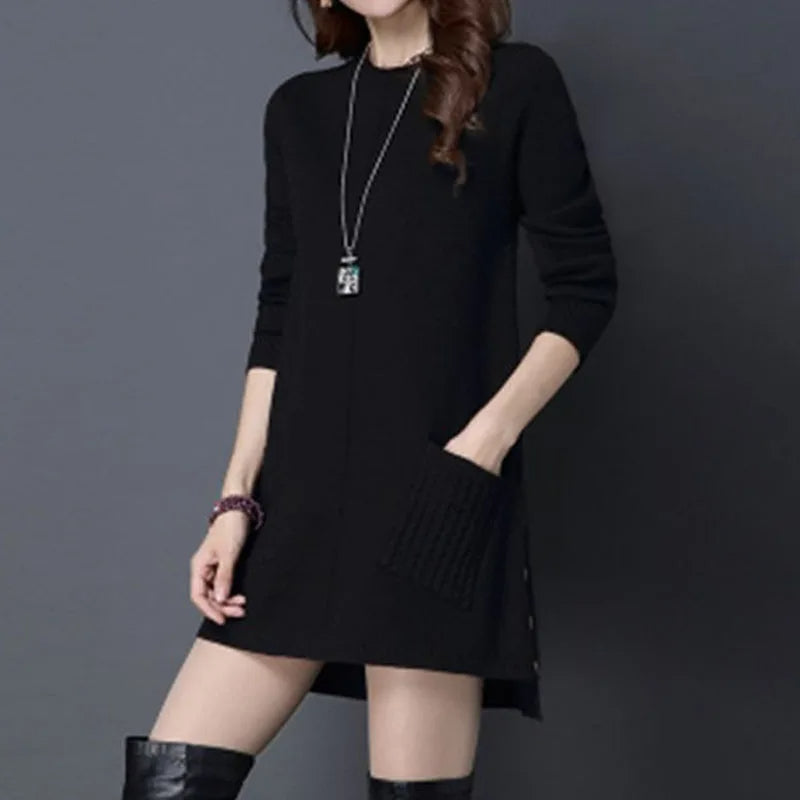 Women's Longline Knit Sweater Dress with Cable-Knit Pockets