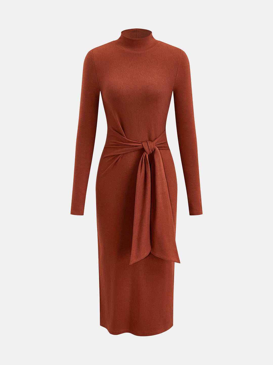 Women's Mock Neck Tie-Waist Long-Sleeve Jersey Maxi Dress