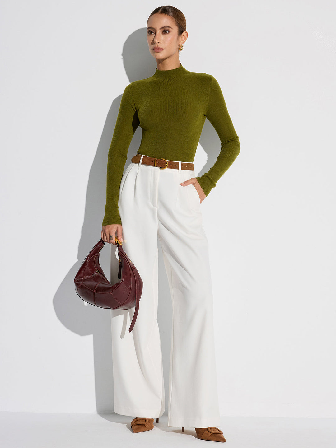 Women's Mock Neck Wool-Blend Fitted Knit Top
