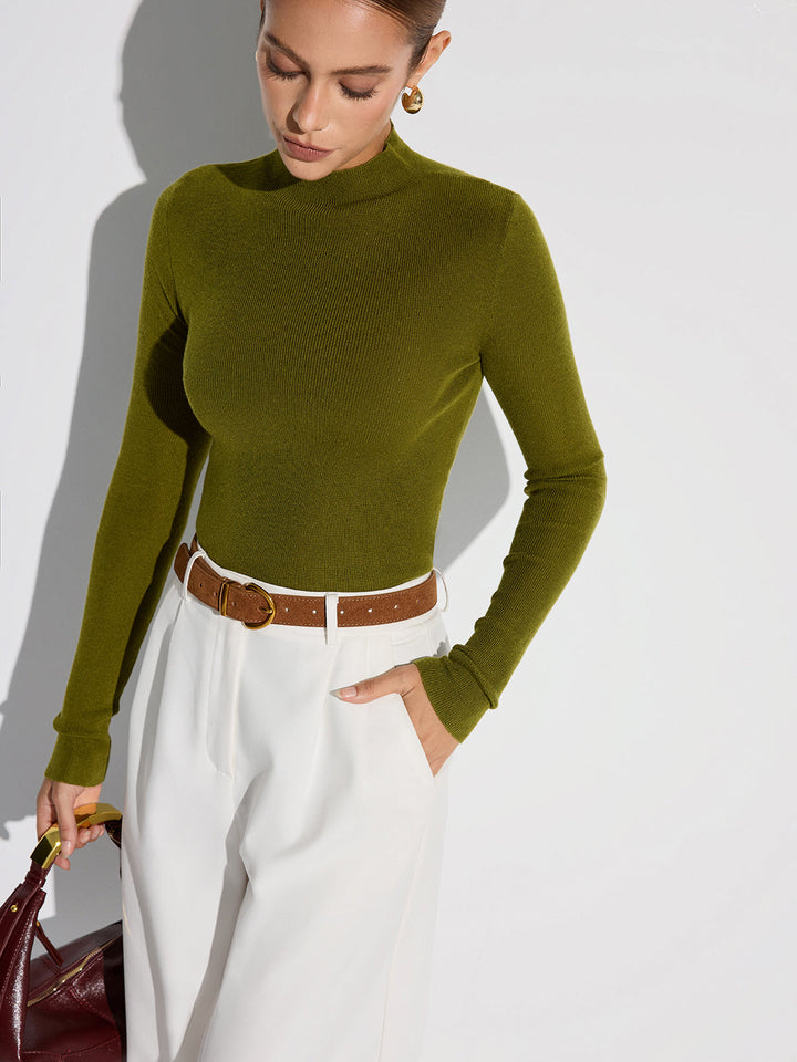 Women's Mock Neck Wool-Blend Fitted Knit Top