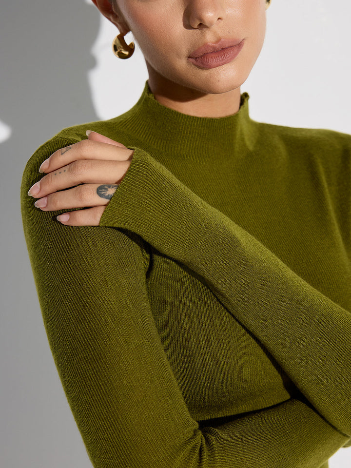 Women's Mock Neck Wool-Blend Fitted Knit Top