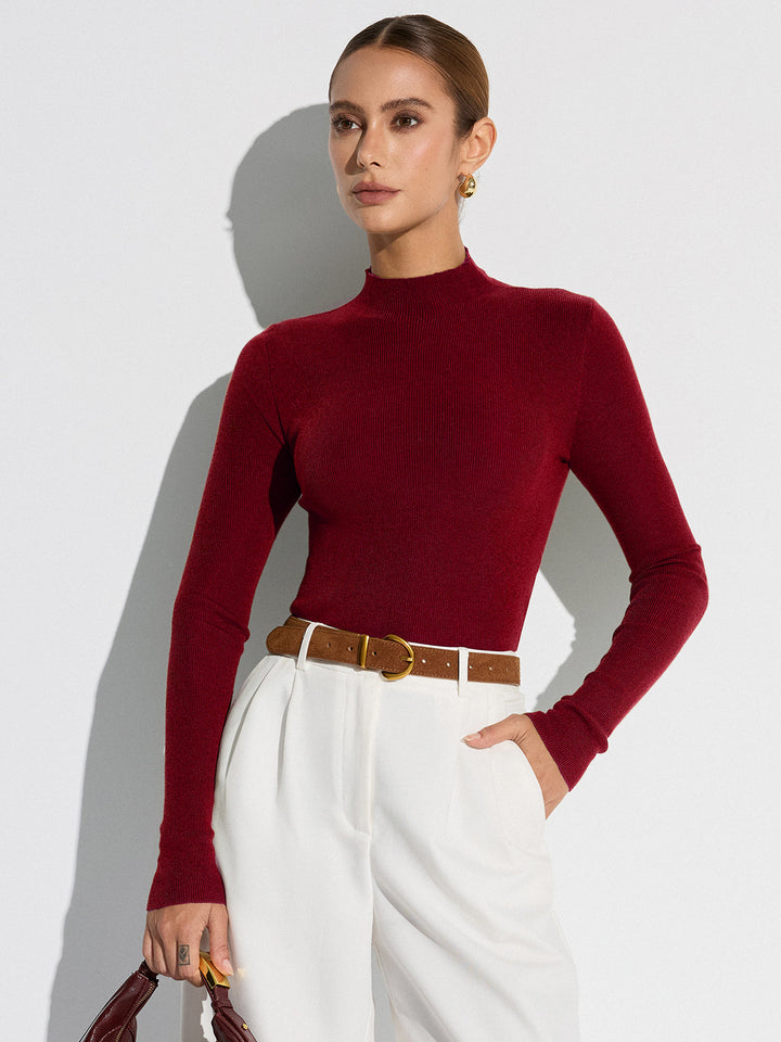 Women's Mock Neck Wool-Blend Fitted Knit Top
