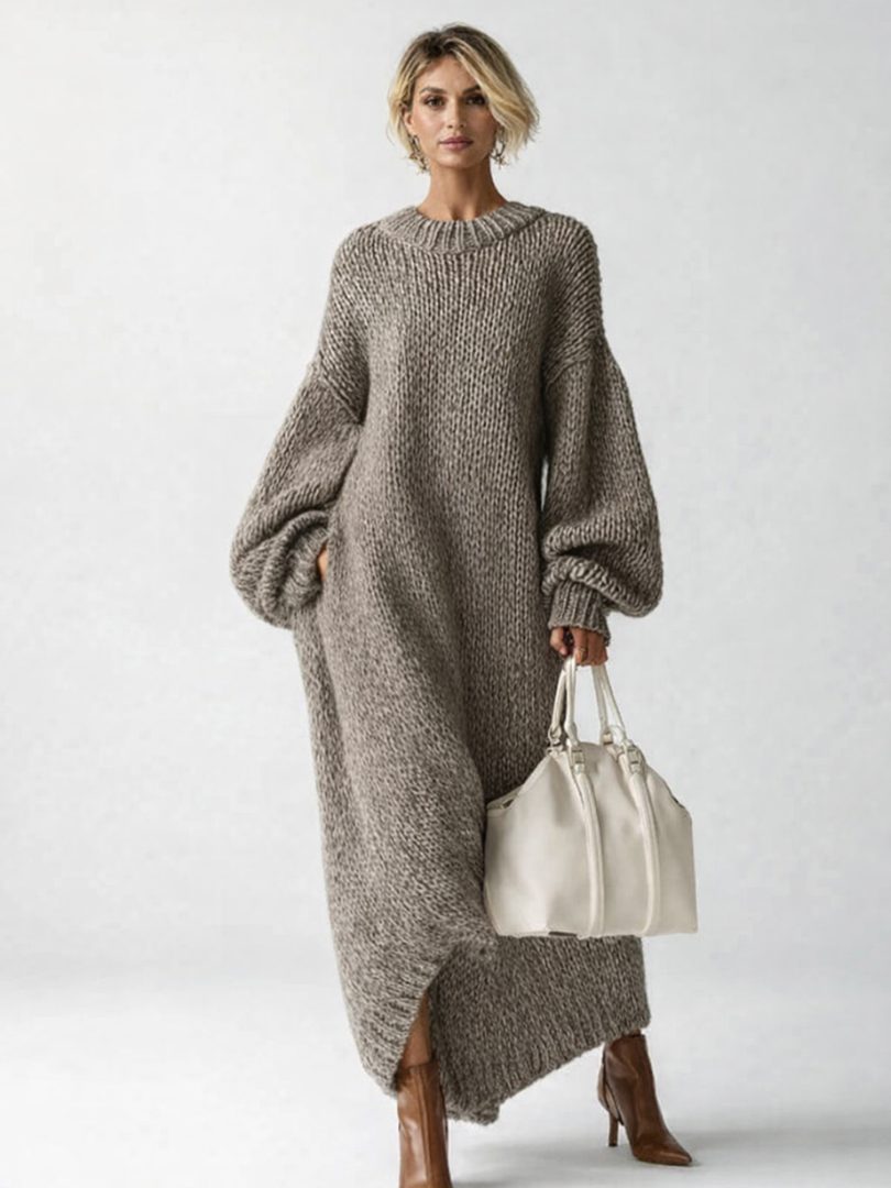 Women's Oversized Knit Maxi Sweater Dress with Balloon Sleeves
