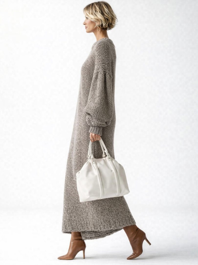 Women's Oversized Knit Maxi Sweater Dress with Balloon Sleeves