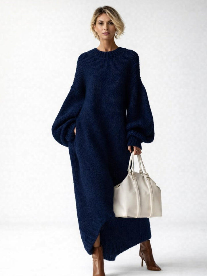 Women's Oversized Knit Maxi Sweater Dress with Balloon Sleeves
