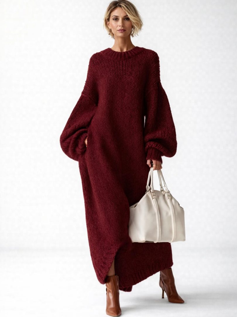 Women's Oversized Knit Maxi Sweater Dress with Balloon Sleeves
