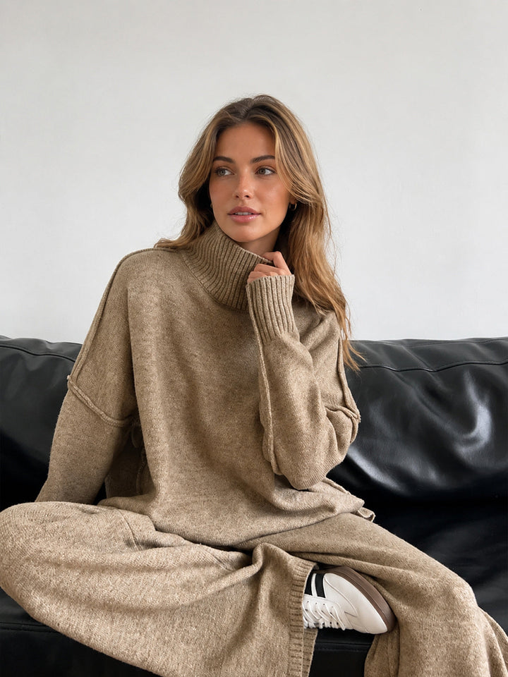 Women's Oversized Turtleneck Sweater and Wide-Leg Knit Pants Set