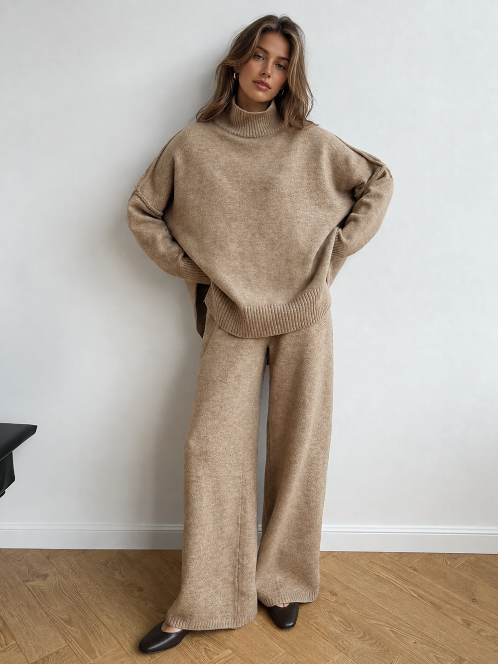 Women's Oversized Turtleneck Sweater and Wide-Leg Knit Pants Set