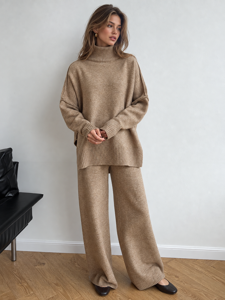 Women's Oversized Turtleneck Sweater and Wide-Leg Knit Pants Set