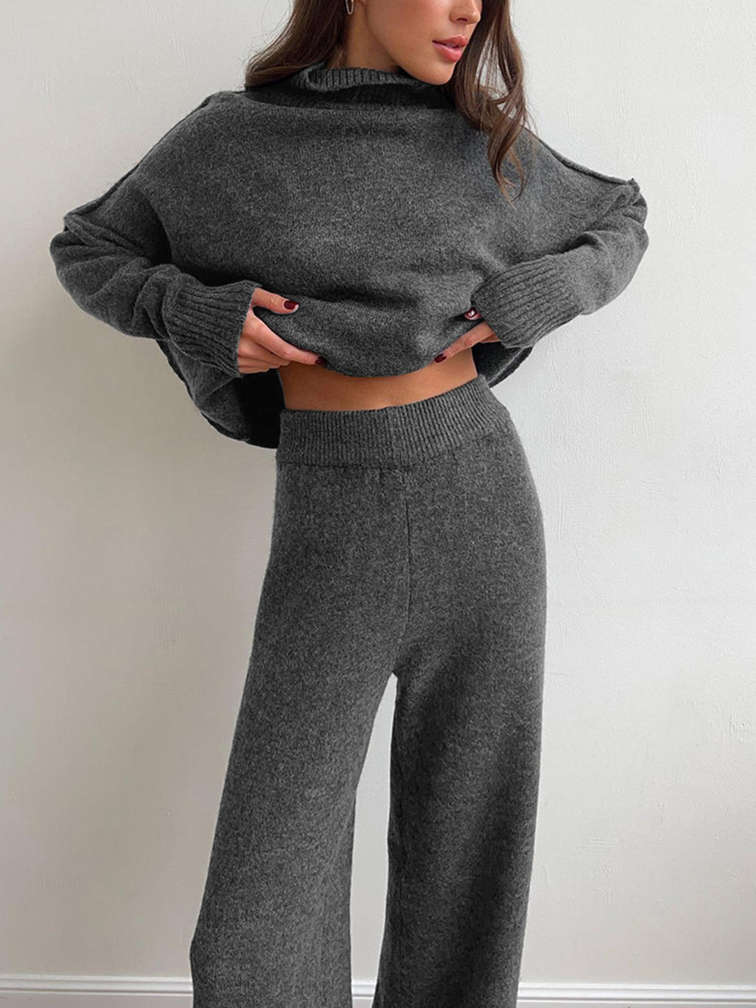 Women's Oversized Turtleneck Sweater and Wide-Leg Knit Pants Set